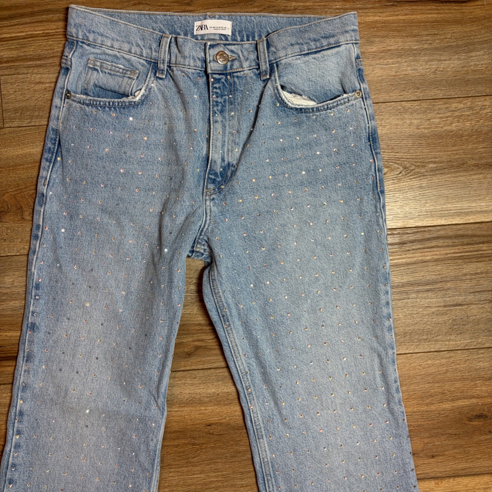 Zara high-waisted rhinestone blinged light-wash jeans - Picture 6 of 10